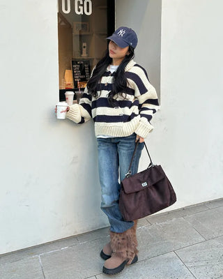 High-gauge knit polo neck wide striped sweater
