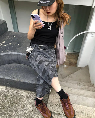 Camouflage flap pocket Bermuda denim pants