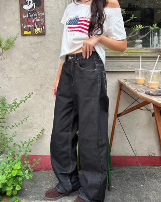 Back pocket stitch wide rigid denim pants