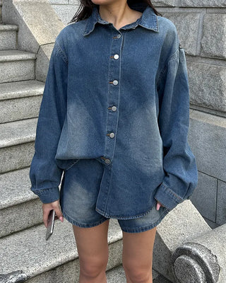 Loose denim shirt and shorts set