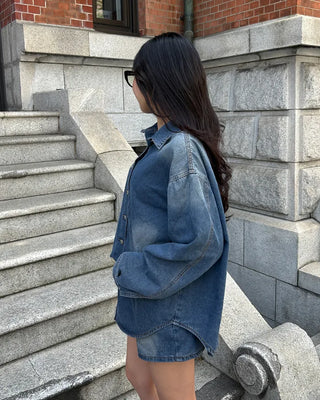 Loose denim shirt and shorts set