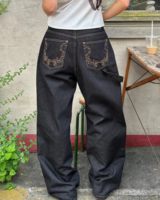 Back pocket stitch wide rigid denim pants