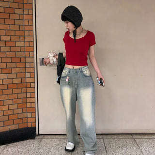 Vintage Wash Wide Denim Pants