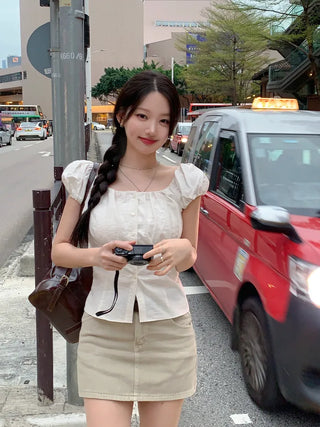 [3 colors] Linen puff blouse
