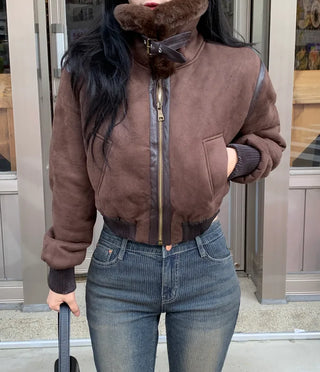High-neck military shearling jacket
