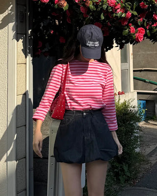 Striped round neck long-sleeved T-shirt