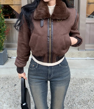 High-neck military shearling jacket