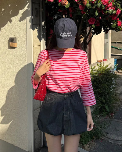 Striped round neck long-sleeved T-shirt