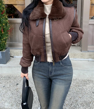High-neck military shearling jacket