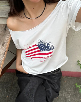 American Cut-Off Shoulder Neck Cropped T-Shirt