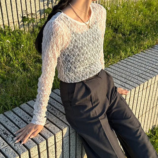 Lace sheer long-sleeved T-shirt