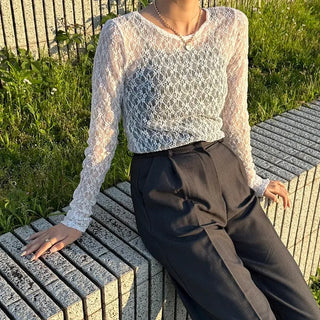 Lace sheer long-sleeved T-shirt