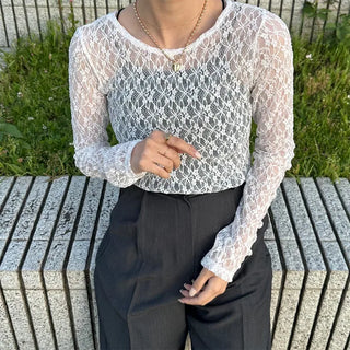 Lace sheer long-sleeved T-shirt