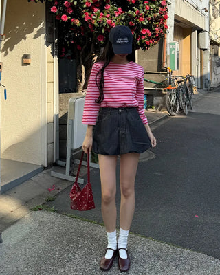Striped round neck long-sleeved T-shirt