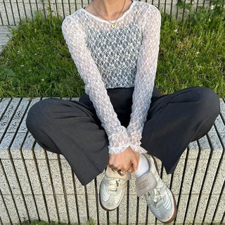 Lace sheer long-sleeved T-shirt