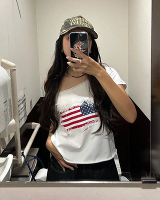 American Cut-Off Shoulder Neck Cropped T-Shirt