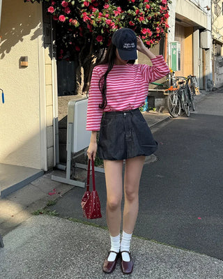 Striped round neck long-sleeved T-shirt
