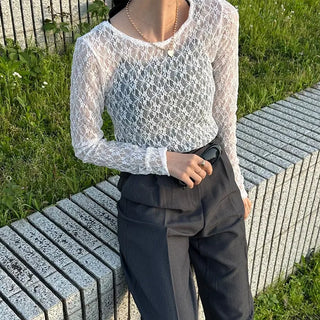 Lace sheer long-sleeved T-shirt