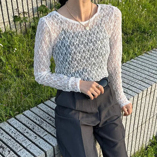Lace sheer long-sleeved T-shirt