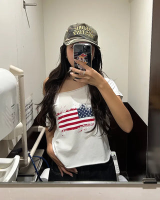 American Cut-Off Shoulder Neck Cropped T-Shirt