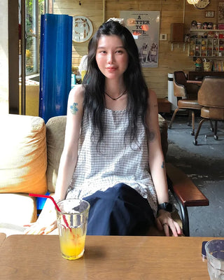 Checked Shirring Sleeveless Dress
