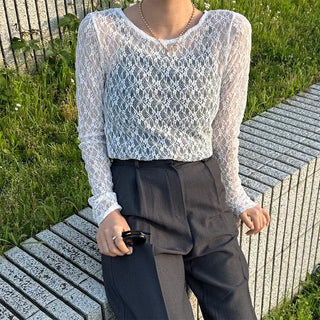 Lace sheer long-sleeved T-shirt