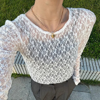 Lace sheer long-sleeved T-shirt