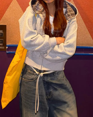 Inner tartan check cropped hooded parka