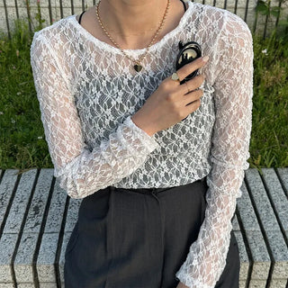 Lace sheer long-sleeved T-shirt