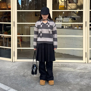 Pleated skirt, elastic waist pants