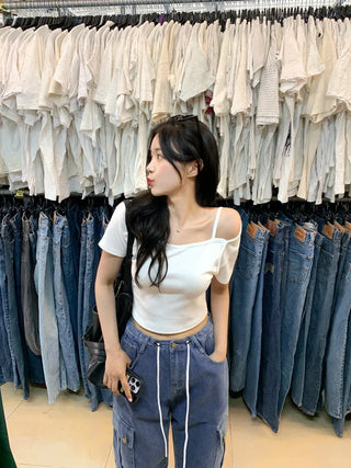 [2-way] Asymmetrical Shoulder Short-Sleeve T-Shirt (6 colors)