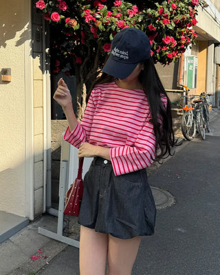 Striped round neck long-sleeved T-shirt
