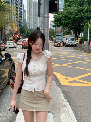 [3 colors] Linen puff blouse