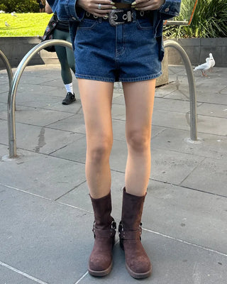 Double-belt round harness mid-calf boots