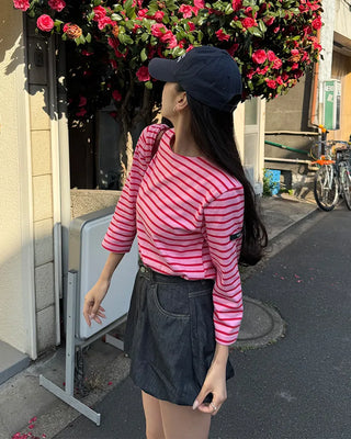 Striped round neck long-sleeved T-shirt