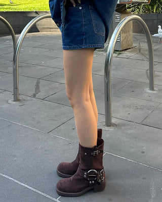Double-belt round harness mid-calf boots