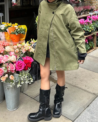 Stand Collar Zip Fly Flare Half Trench Coat