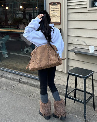Double Studded Vintage Leather Tote Bag