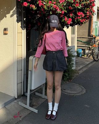 Striped round neck long-sleeved T-shirt