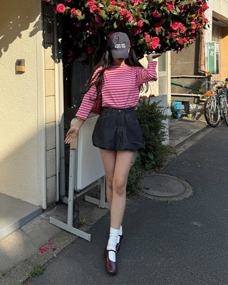 Striped round neck long-sleeved T-shirt