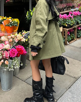 Stand Collar Zip Fly Flare Half Trench Coat