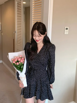 Shoulder padded polka dot wrap dress (2 colors)