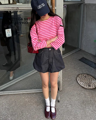 Striped round neck long-sleeved T-shirt