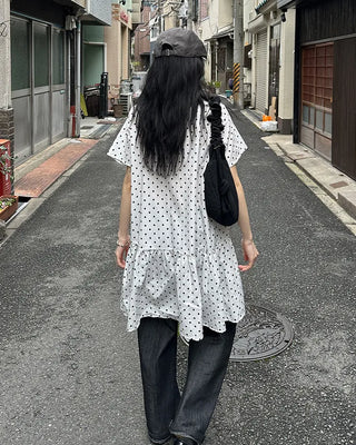 Dot pattern shirred short-sleeved dress