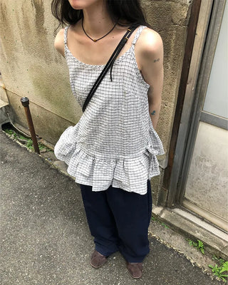 Checked Shirring Sleeveless Dress