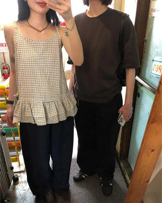 Checked Shirring Sleeveless Dress