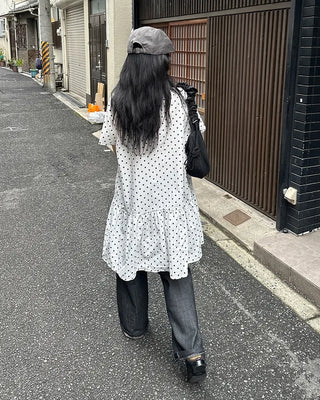 Dot pattern shirred short-sleeved dress