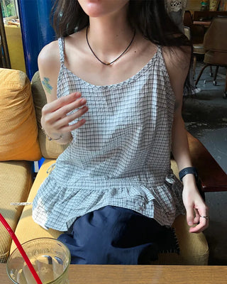 Checked Shirring Sleeveless Dress