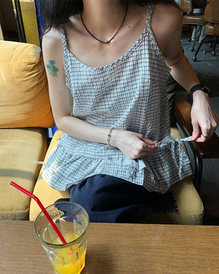 Checked Shirring Sleeveless Dress