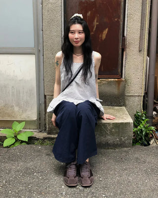 Checked Shirring Sleeveless Dress